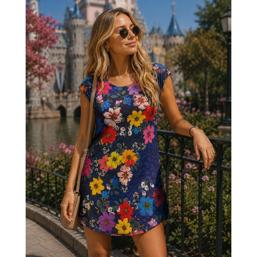 Johnny Was Floral Pima Cotton Modal Knit Mini Dress Navy Blue XS Short Sleeve